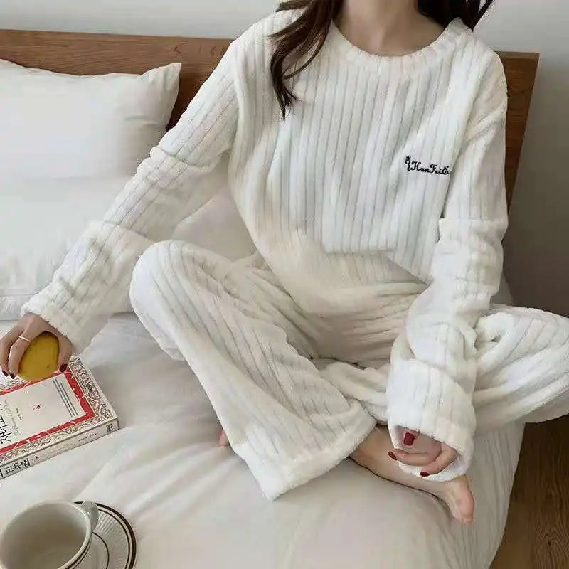 Autumn Women Solid Warm 2 Piece Sets Thicken Velvet Ribbed Fleece Set Pullover And Pants Women Casual Pajama Sets 2024 - Modefluss