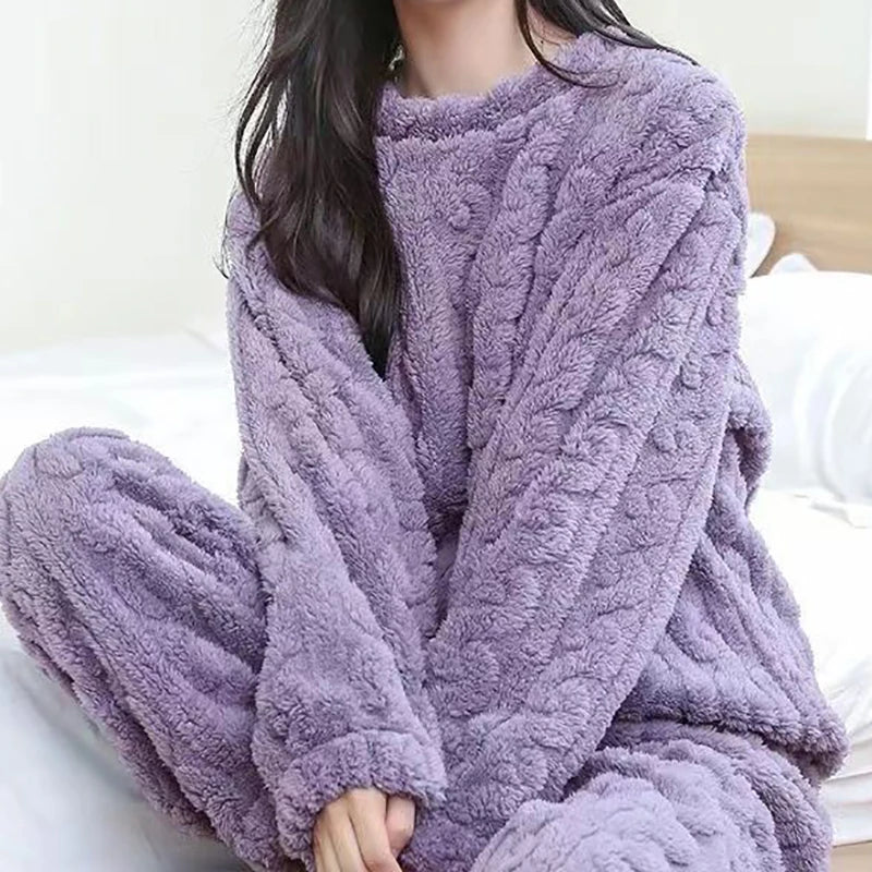 Autumn Women Solid Warm 2 Piece Sets Thicken Velvet Ribbed Fleece Set Pullover And Pants Women Casual Pajama Sets 2024 - Modefluss