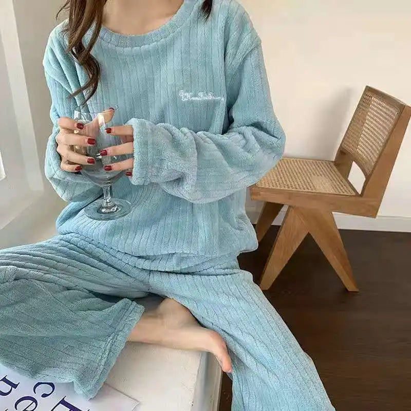 Autumn Women Solid Warm 2 Piece Sets Thicken Velvet Ribbed Fleece Set Pullover And Pants Women Casual Pajama Sets 2024 - Modefluss