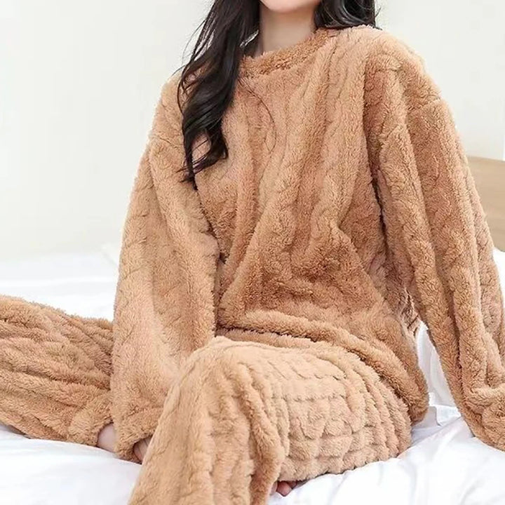Autumn Women Solid Warm 2 Piece Sets Thicken Velvet Ribbed Fleece Set Pullover And Pants Women Casual Pajama Sets 2024 - Modefluss