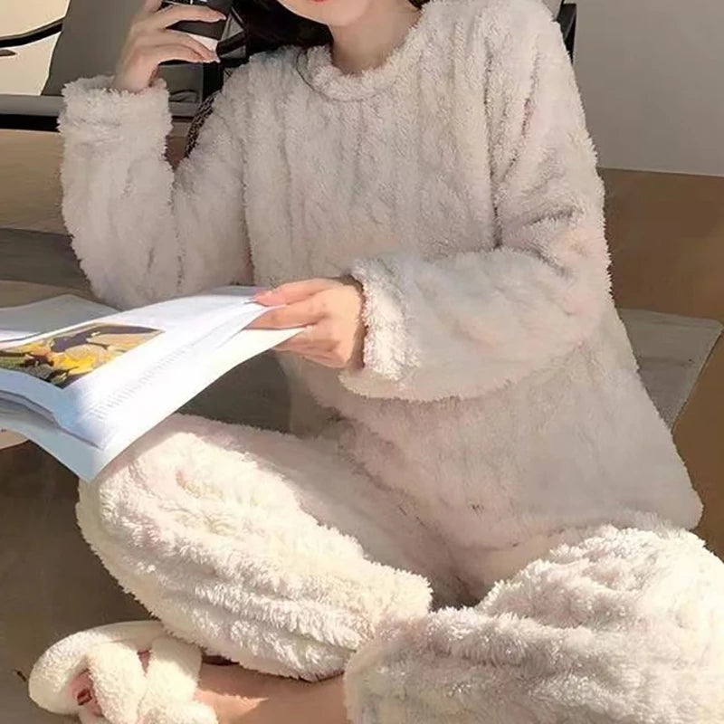 Autumn Women Solid Warm 2 Piece Sets Thicken Velvet Ribbed Fleece Set Pullover And Pants Women Casual Pajama Sets 2024 - Modefluss