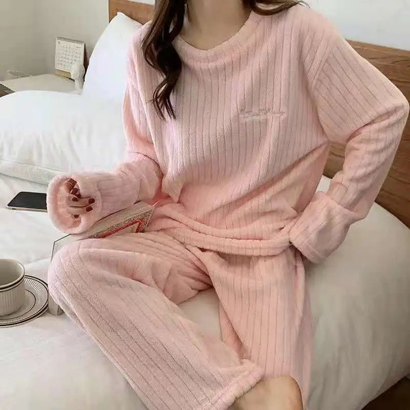 Autumn Women Solid Warm 2 Piece Sets Thicken Velvet Ribbed Fleece Set Pullover And Pants Women Casual Pajama Sets 2024 - Modefluss