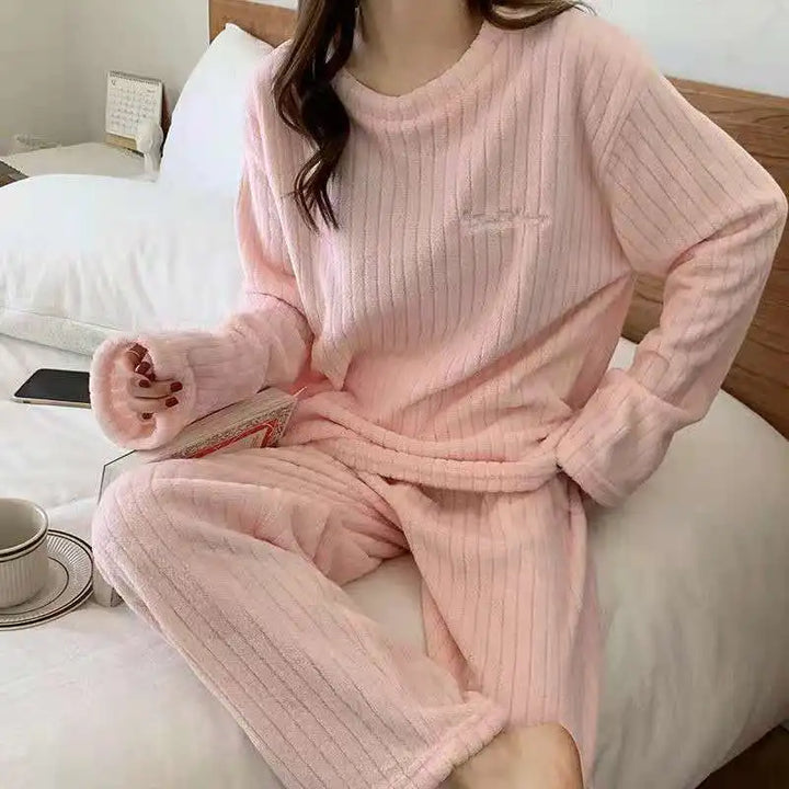 Autumn Women Solid Warm 2 Piece Sets Thicken Velvet Ribbed Fleece Set Pullover And Pants Women Casual Pajama Sets 2024 - Modefluss