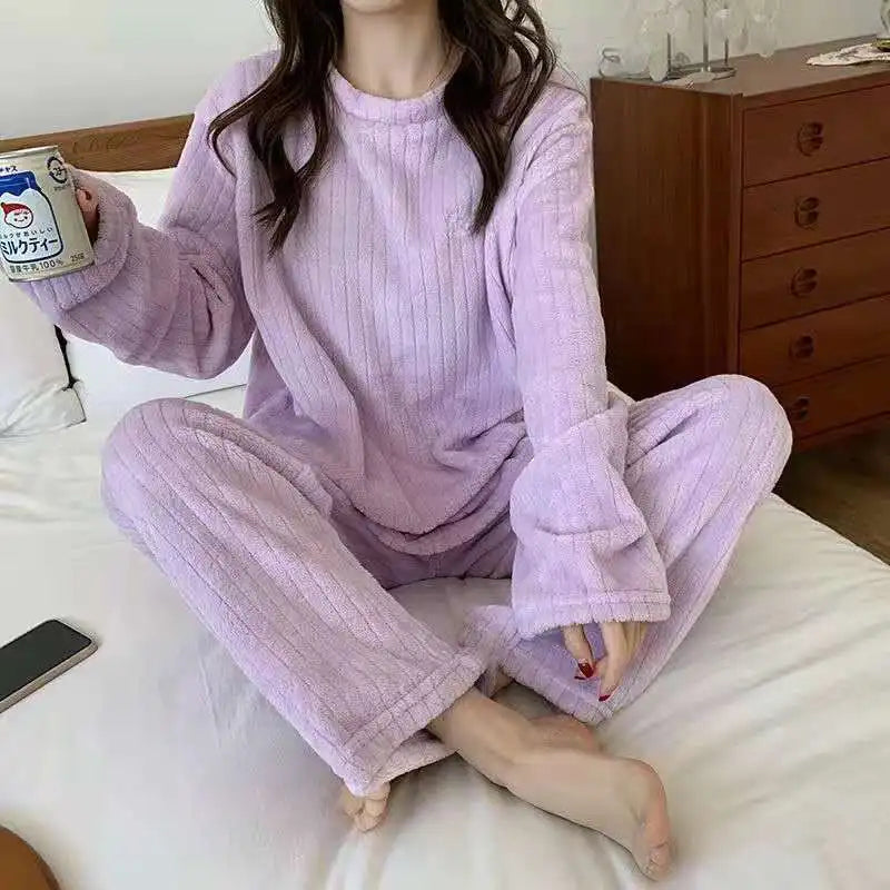 Autumn Women Solid Warm 2 Piece Sets Thicken Velvet Ribbed Fleece Set Pullover And Pants Women Casual Pajama Sets 2024 - Modefluss