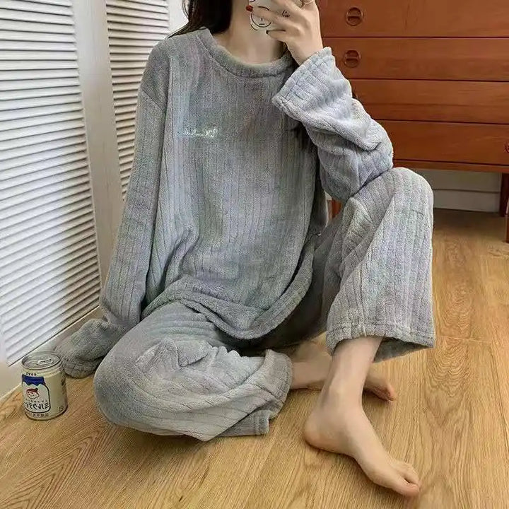 Autumn Women Solid Warm 2 Piece Sets Thicken Velvet Ribbed Fleece Set Pullover And Pants Women Casual Pajama Sets 2024 - Modefluss