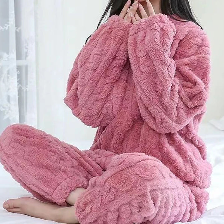 Autumn Women Solid Warm 2 Piece Sets Thicken Velvet Ribbed Fleece Set Pullover And Pants Women Casual Pajama Sets 2024 - Modefluss