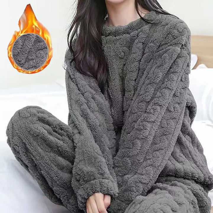 Autumn Women Solid Warm 2 Piece Sets Thicken Velvet Ribbed Fleece Set Pullover And Pants Women Casual Pajama Sets 2024 - Modefluss