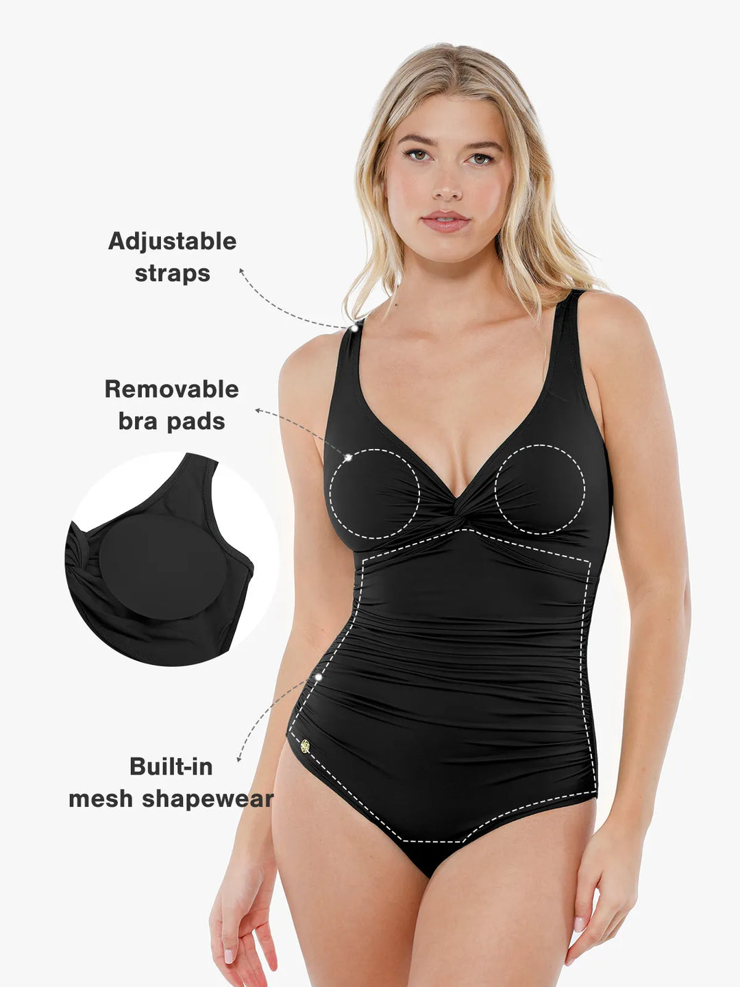 Maillot de bain sculptant à fronces et torsadé sur le devant
