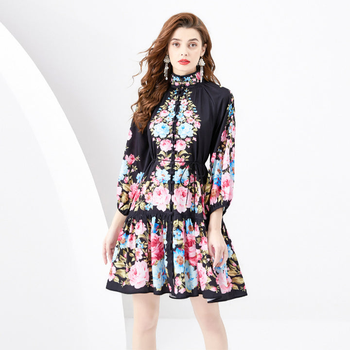 French Retro Printed Formal Dress - Modefluss