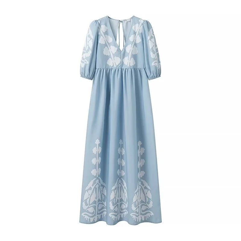 Printed Backless Lace-up Dress - Modefluss