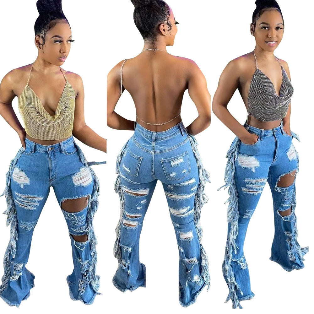 Europäische und amerikanische notleidende gewaschene Quaste Jeans - Modefluss