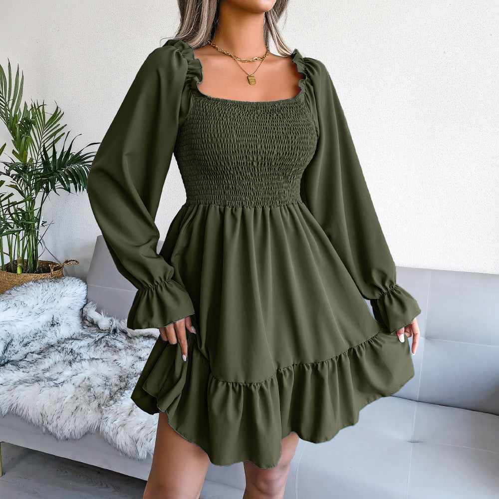 Square Neck Flared Long Sleeve Ruffle Swing Dress - Modefluss