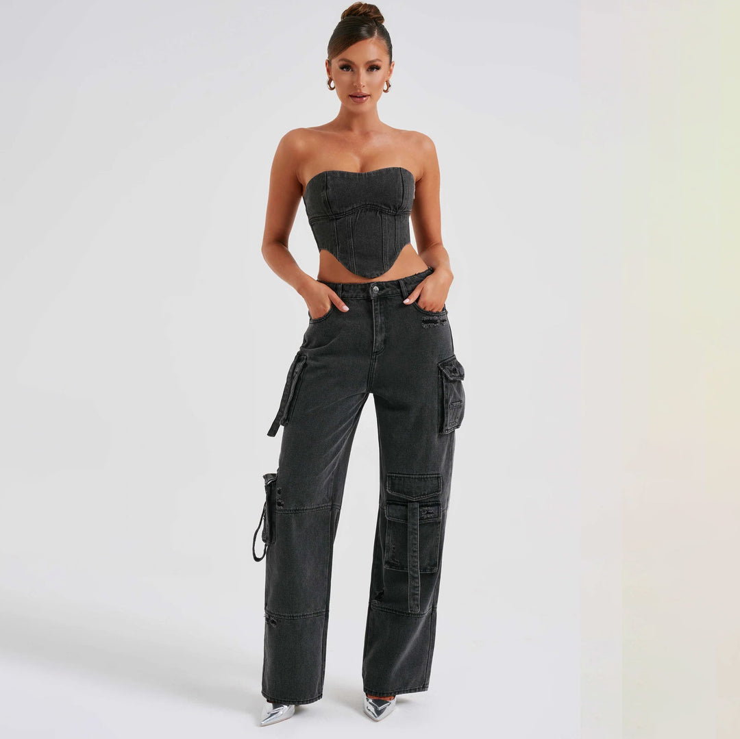Drei dimensionale Taschen-Stitching-Jeans im amerikanischen Stil mit niedriger Taille - Modefluss