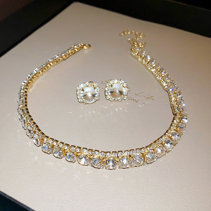 Diamond-embedded Square Earrings Necklace Special Interest Light Luxury Elegant High-grade Clavicle Chain - Modefluss