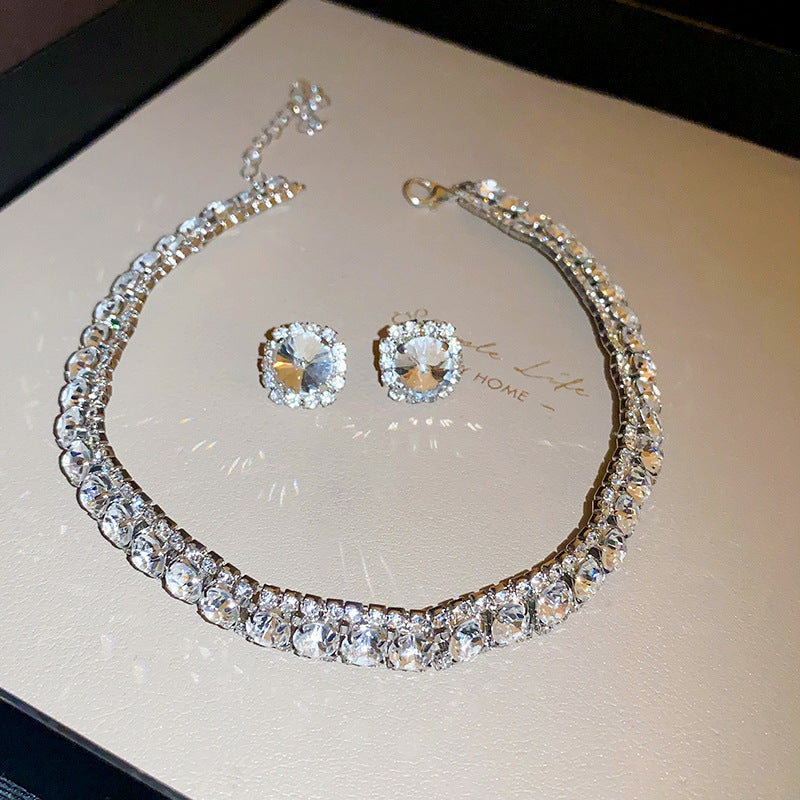 Diamond-embedded Square Earrings Necklace Special Interest Light Luxury Elegant High-grade Clavicle Chain - Modefluss
