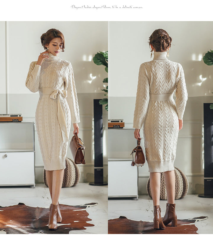 High Collar Twist Lace-up Waist Mid-length Sweater Dress - Modefluss