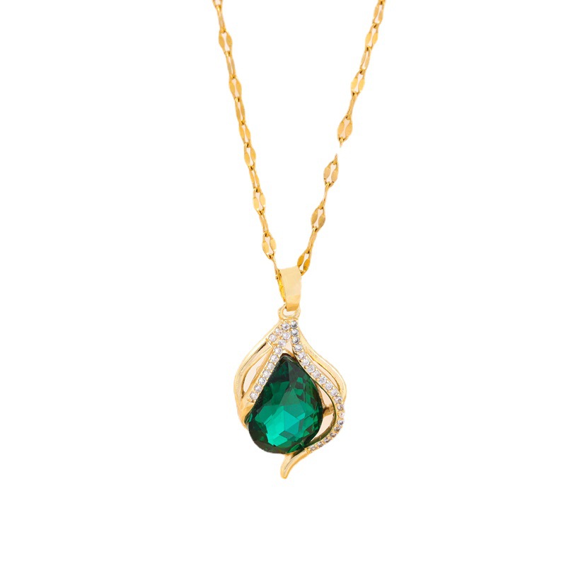 Green Crystal Pendant Titanium Steel Necklace For Women - Modefluss