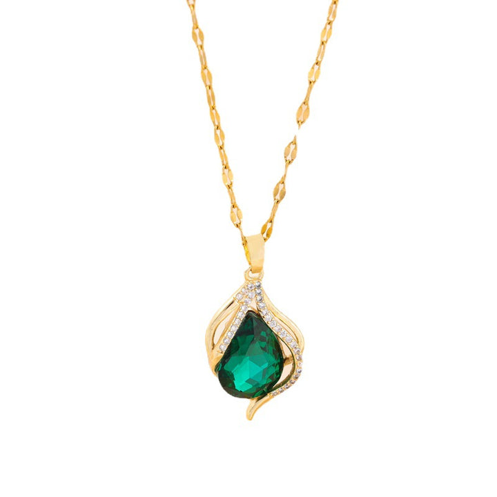 Green Crystal Pendant Titanium Steel Necklace For Women - Modefluss