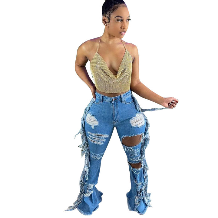 Europäische und amerikanische notleidende gewaschene Quaste Jeans - Modefluss