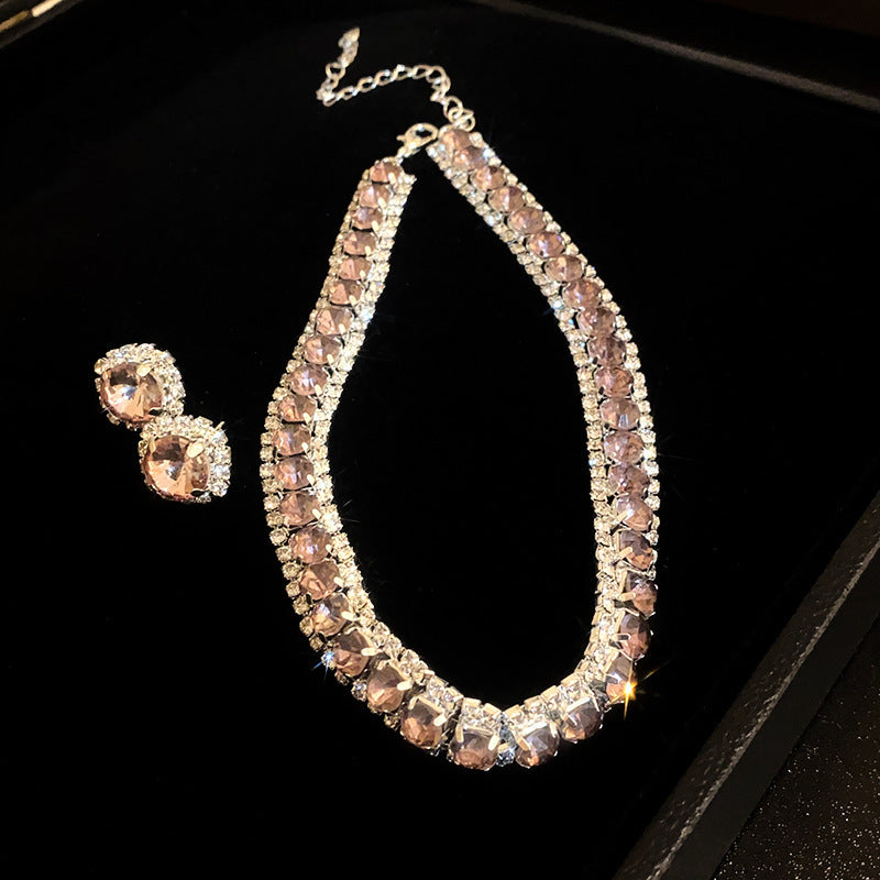 Diamond-embedded Square Earrings Necklace Special Interest Light Luxury Elegant High-grade Clavicle Chain - Modefluss