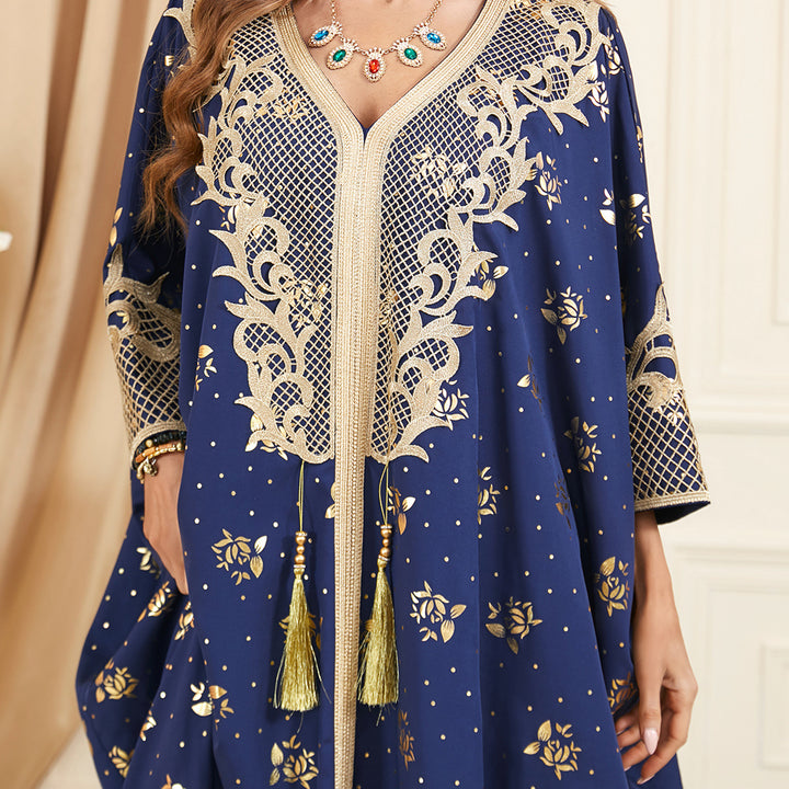 Long Sleeve Stitching Bat Sleeve Tassel Plus Size Dress - Modefluss