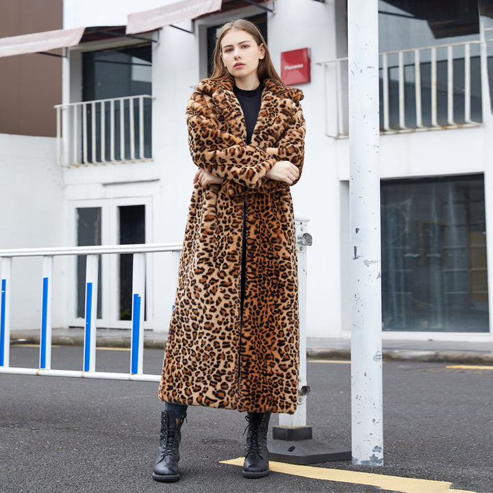 Pelzmantel aus Kunstpelz mit Leoparden muster, Kaninchen fell, super, langer Anzug, Kragen - Modefluss