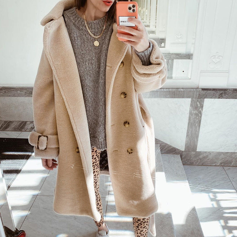 Pure Color Waist Is Thin And Long Leisure Plush Coat Apricot Noble Temperament Coat - Modefluss