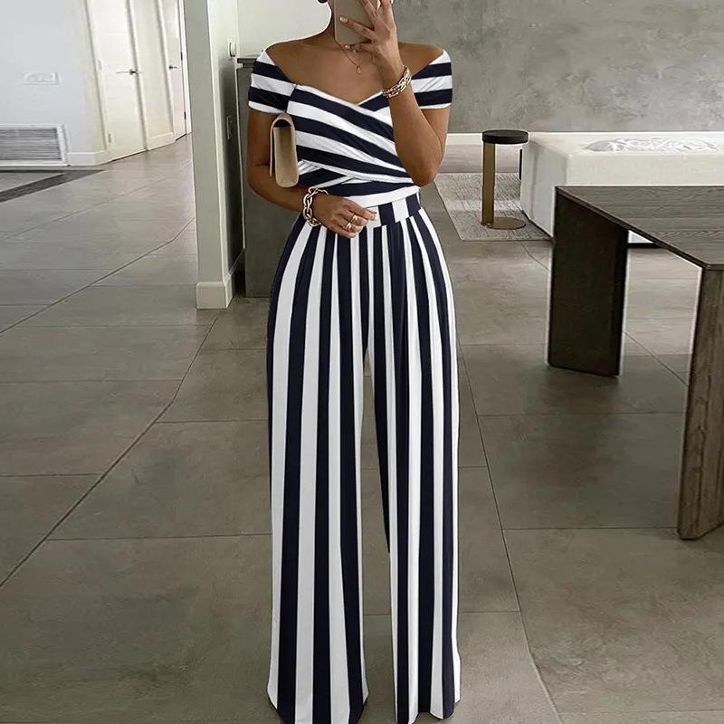European And American Fashion Off-shoulder Printed Temperament Commute Casual High Waist Jumpsuit Women - Modefluss