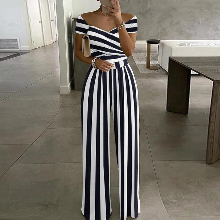 European And American Fashion Off-shoulder Printed Temperament Commute Casual High Waist Jumpsuit Women - Modefluss