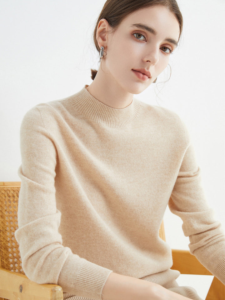 Half High Collar Pure Wool Women's Long Sleeved Knitted Base Sweater - Modefluss