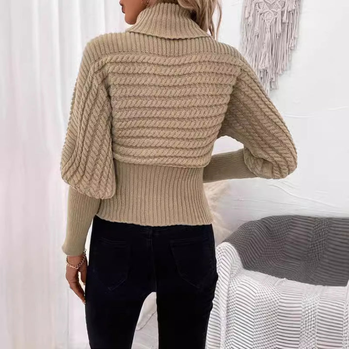 Pullover mit hohem Kragen und langen Ärmeln – Zopfmuster, einfarbiges Strickdesign - Modefluss