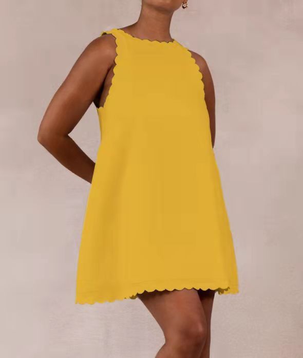 Cotton Hemp Solid Color Embroidered Ruffled Women's Dress - Modefluss