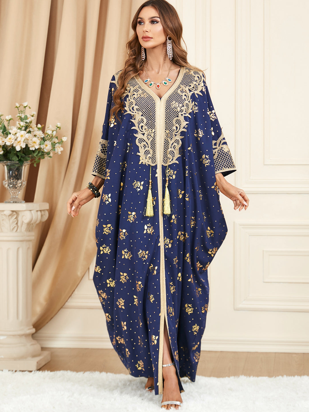 Long Sleeve Stitching Bat Sleeve Tassel Plus Size Dress - Modefluss