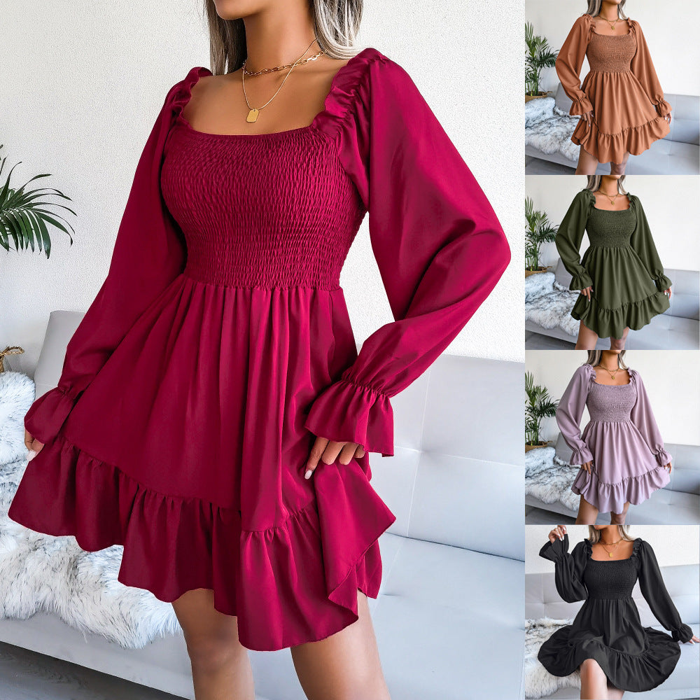Square Neck Flared Long Sleeve Ruffle Swing Dress - Modefluss