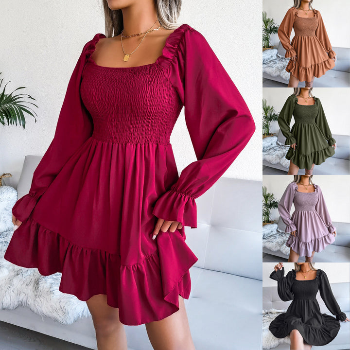 Square Neck Flared Long Sleeve Ruffle Swing Dress - Modefluss