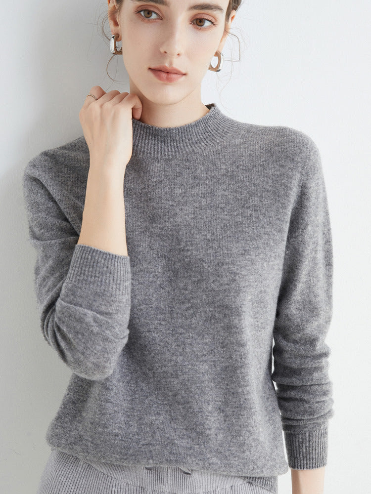 Half High Collar Pure Wool Women's Long Sleeved Knitted Base Sweater - Modefluss