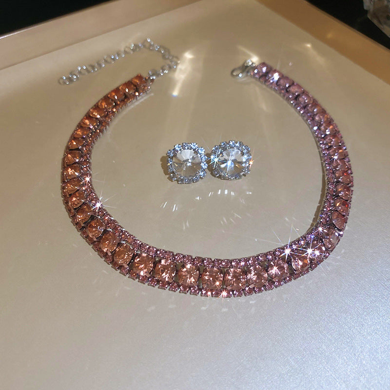 Diamond-embedded Square Earrings Necklace Special Interest Light Luxury Elegant High-grade Clavicle Chain - Modefluss