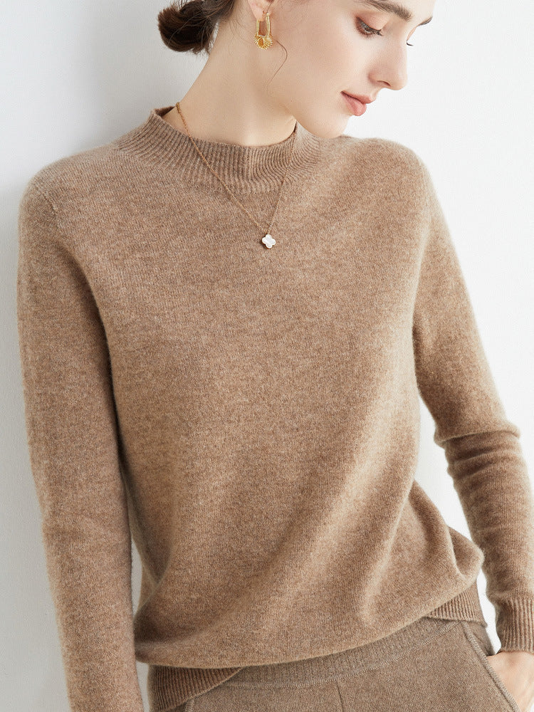 Half High Collar Pure Wool Women's Long Sleeved Knitted Base Sweater - Modefluss