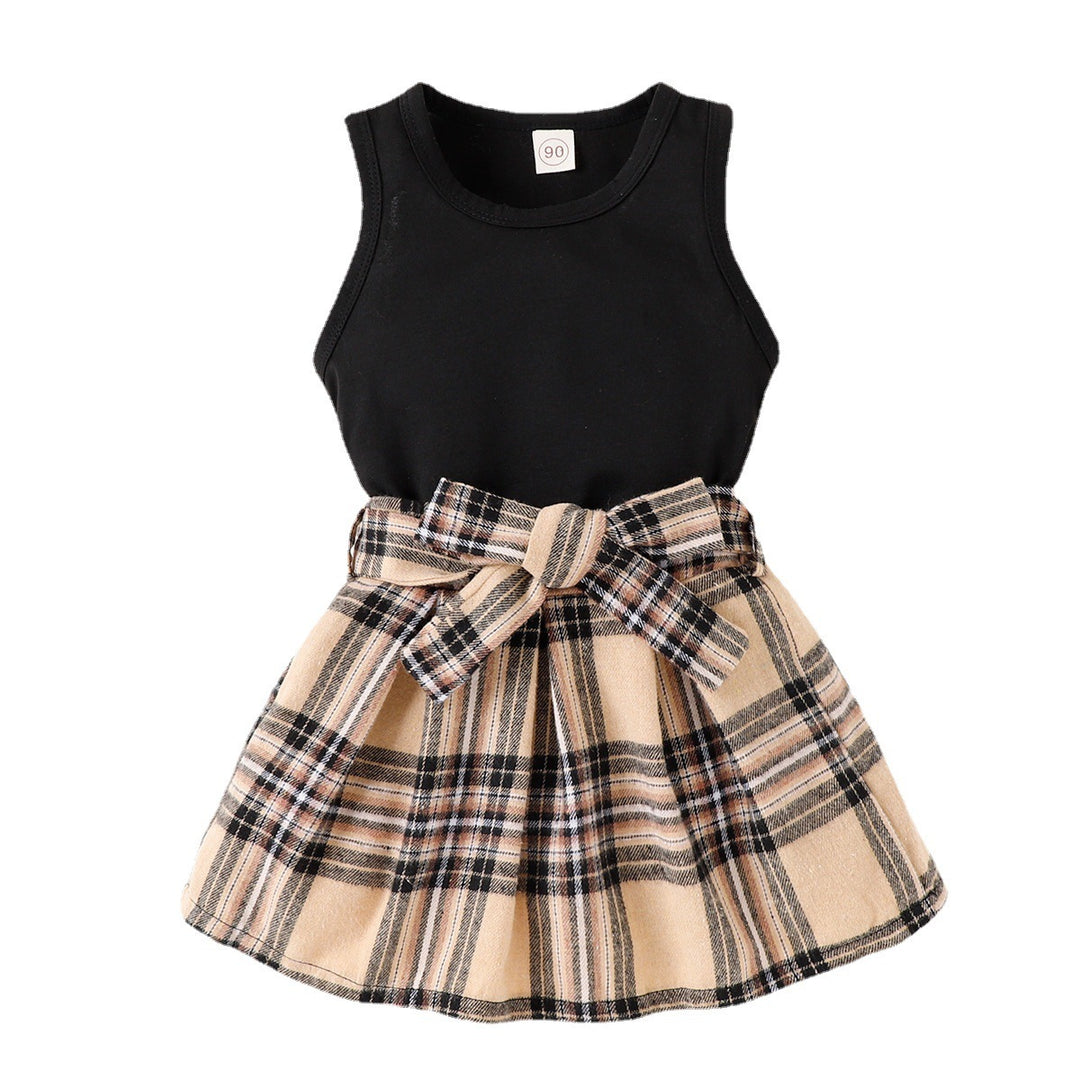 Solid Color Tank Top Plaid Skirt Girls Suit - Modefluss