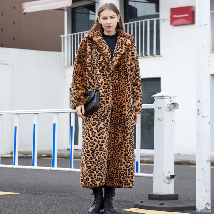 Pelzmantel aus Kunstpelz mit Leoparden muster, Kaninchen fell, super, langer Anzug, Kragen - Modefluss