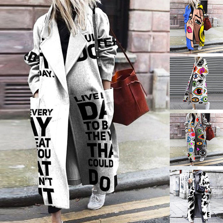 Europäischer und amerikanischer Mode-Stil Damen Herbst und Winter Print Langer Mantel mit langen Ärmeln - Modefluss