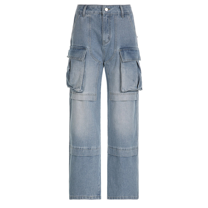 Gerade Jeans mit hoher Taille für Damen große Taschen-Nähte - Modefluss