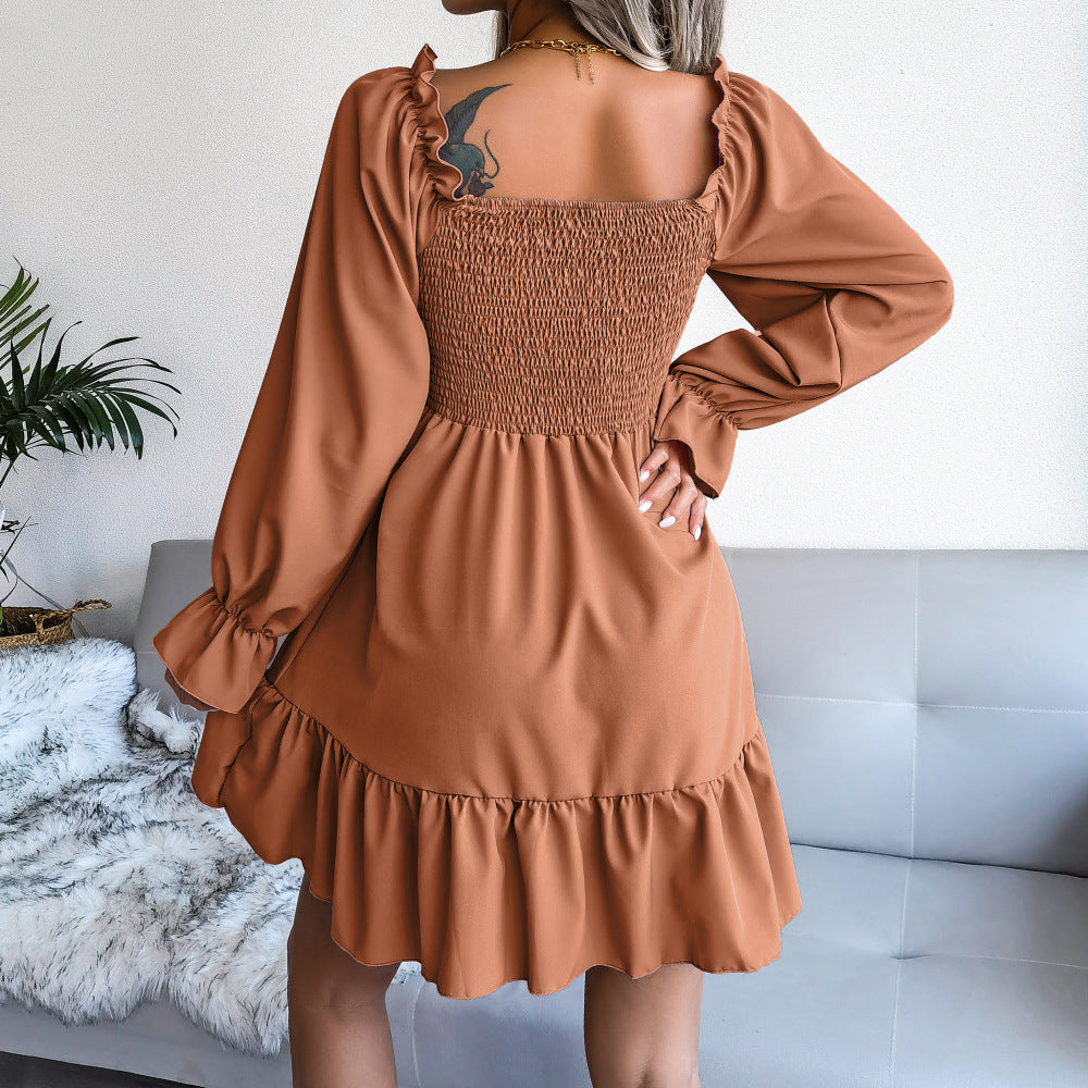 Square Neck Flared Long Sleeve Ruffle Swing Dress - Modefluss