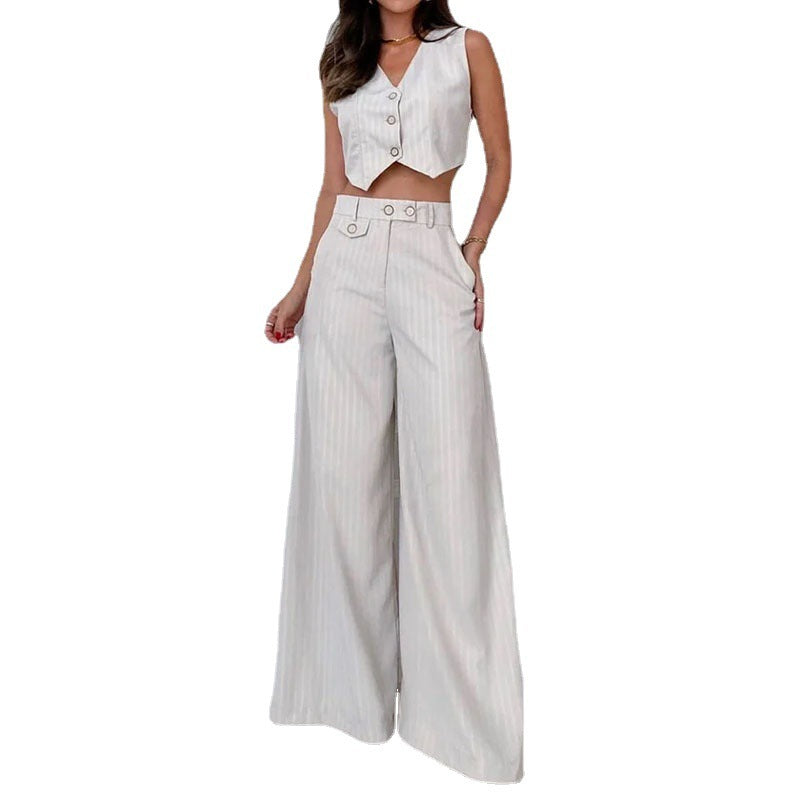 Fashion V-neck Striped High Waist Wide Leg Pants - Modefluss