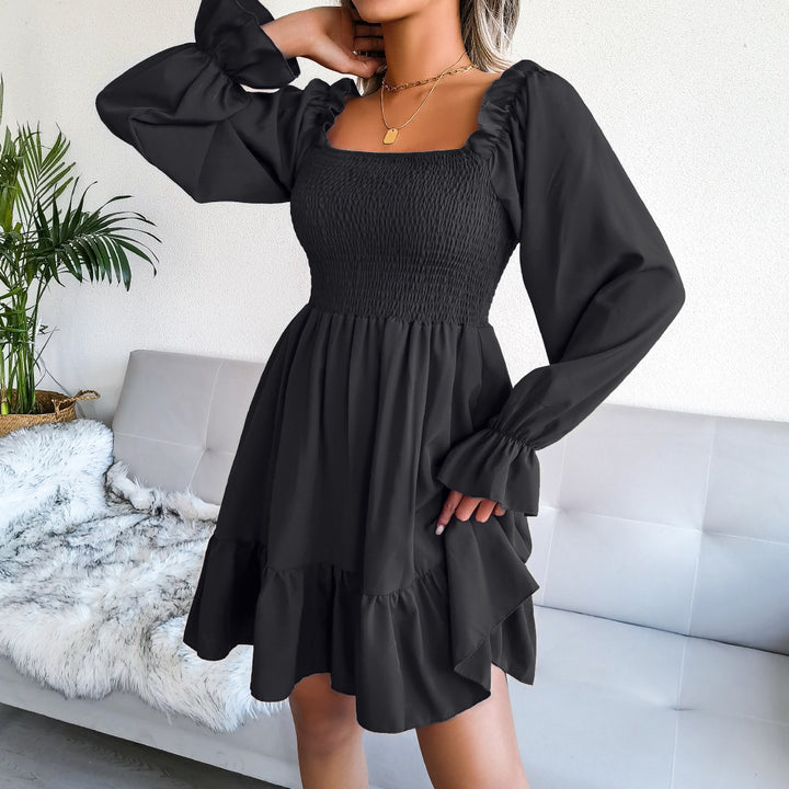 Square Neck Flared Long Sleeve Ruffle Swing Dress - Modefluss
