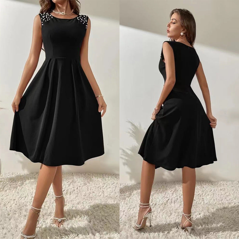 Women's Slim Fitting Round Neck Studded Sleeveless Dress - Modefluss