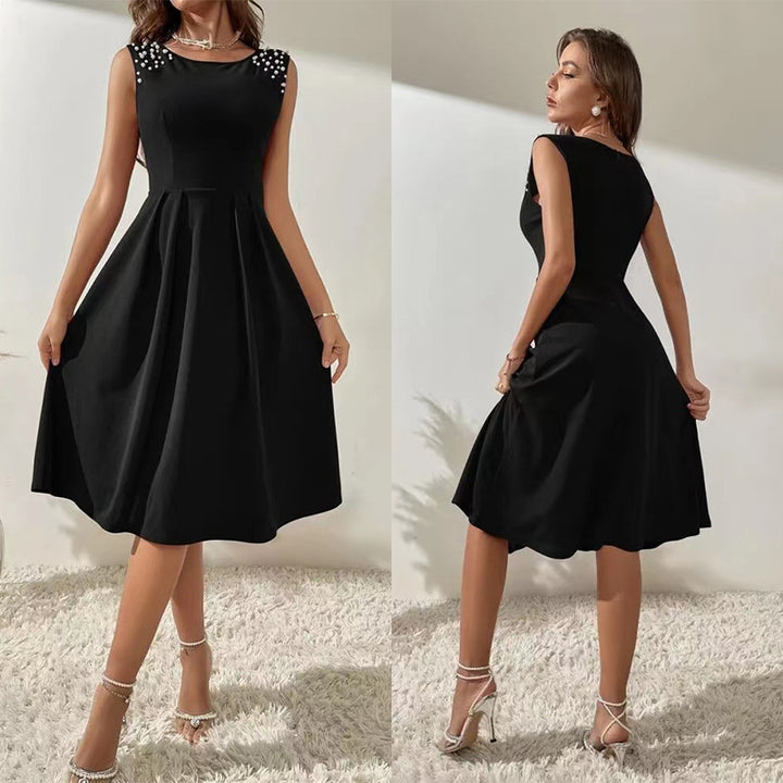 Women's Slim Fitting Round Neck Studded Sleeveless Dress - Modefluss