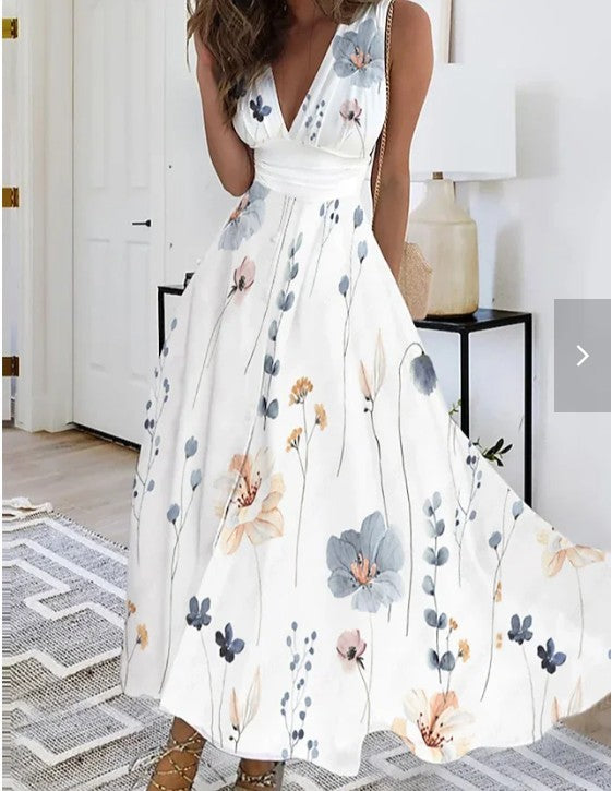 Women's Summer New V-neck High Waist Sleeveless Printed Vest Dress - Modefluss