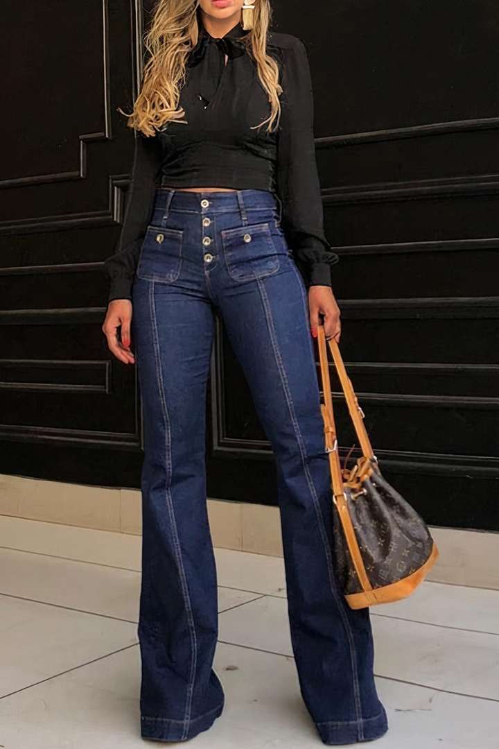 Nähende gewaschene Denim Stretch Slim Fit Bell-Bottom-Hose - Modefluss