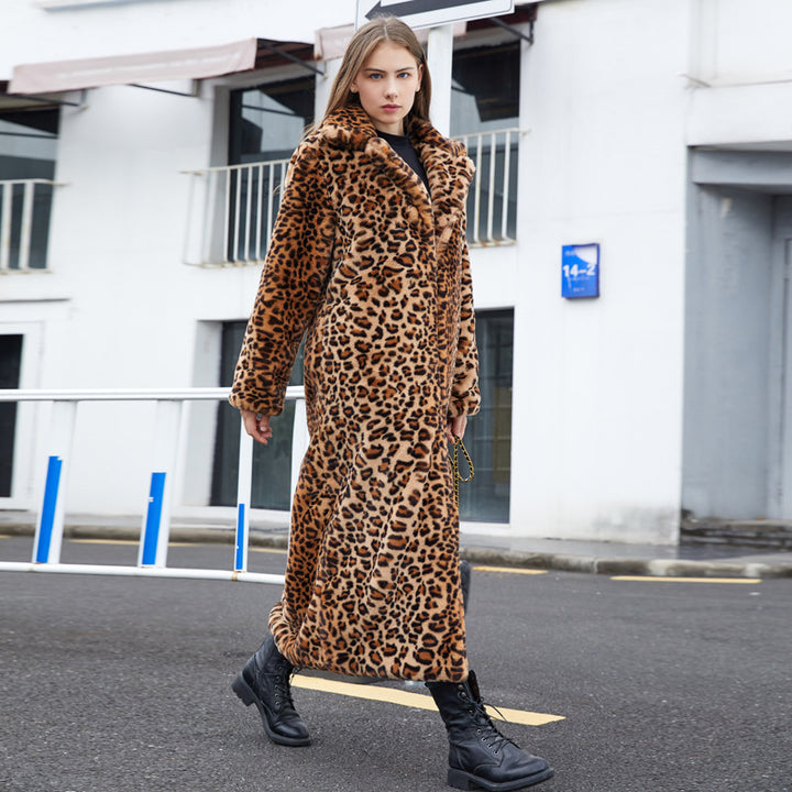 Pelzmantel aus Kunstpelz mit Leoparden muster, Kaninchen fell, super, langer Anzug, Kragen - Modefluss